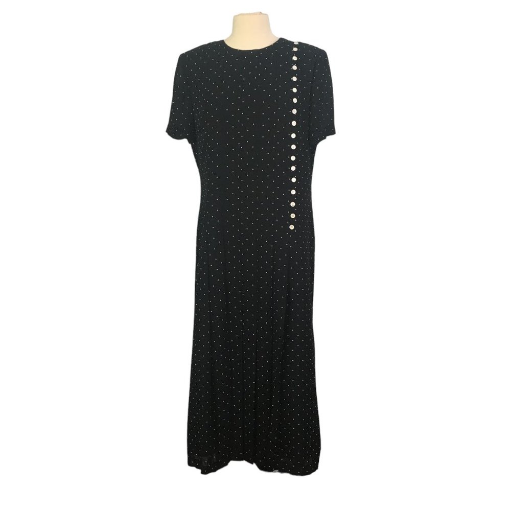MHM Melissa Harper Vintage Black‎ Polka Dot Pleated Sheath Dress, sz 12, 40 bust